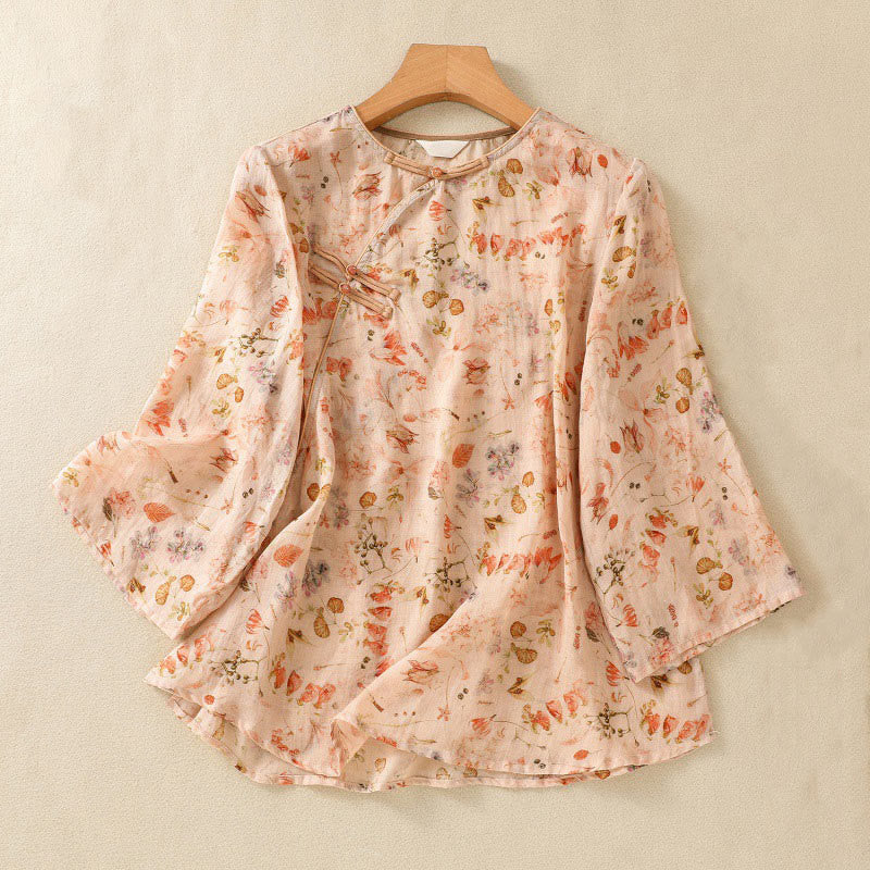 Camicia da donna in cotone e lino a maniche lunghe, con stampa estiva casual e bottoni a rana, motivo Buddha Stones - NavajoWhite - US8-10, UK/AU12-14, EU40-42 (2XL) - image 0