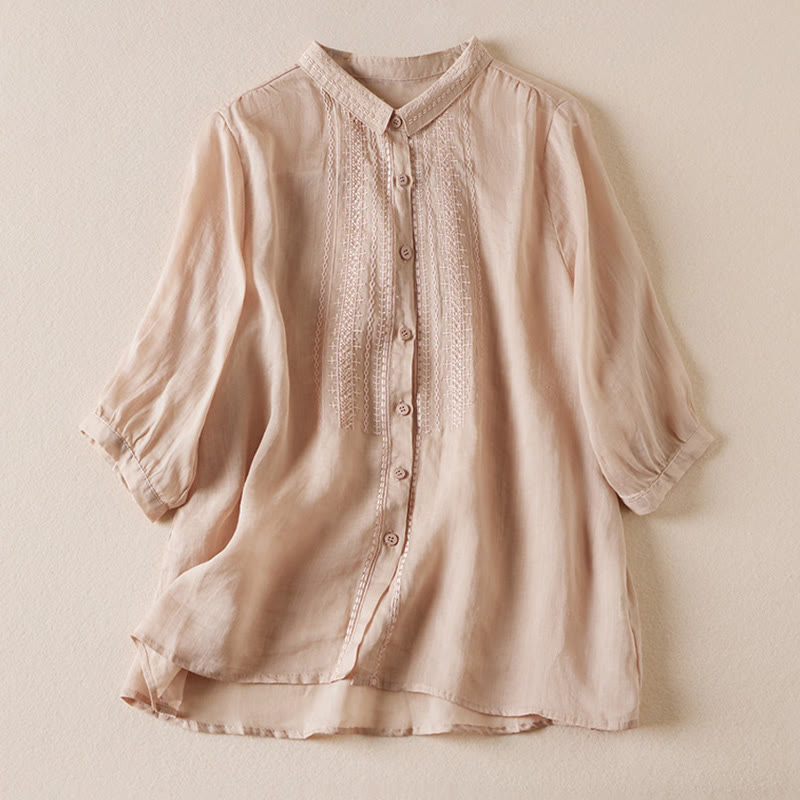 Camicia da donna in cotone e lino a mezza manica, stile vintage estivo casual con bottoni ricamati, colore puro, motivo Buddha Stones - BurlyWood - US8-10, UK/AU12-14, EU40-42 (2XL) - image 0