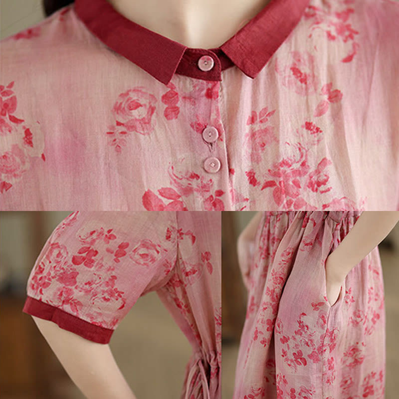 Abito midi in cotone con maniche corte, tasche e motivo floreale con coulisse, stampa retrò Buddha Stones - image 5