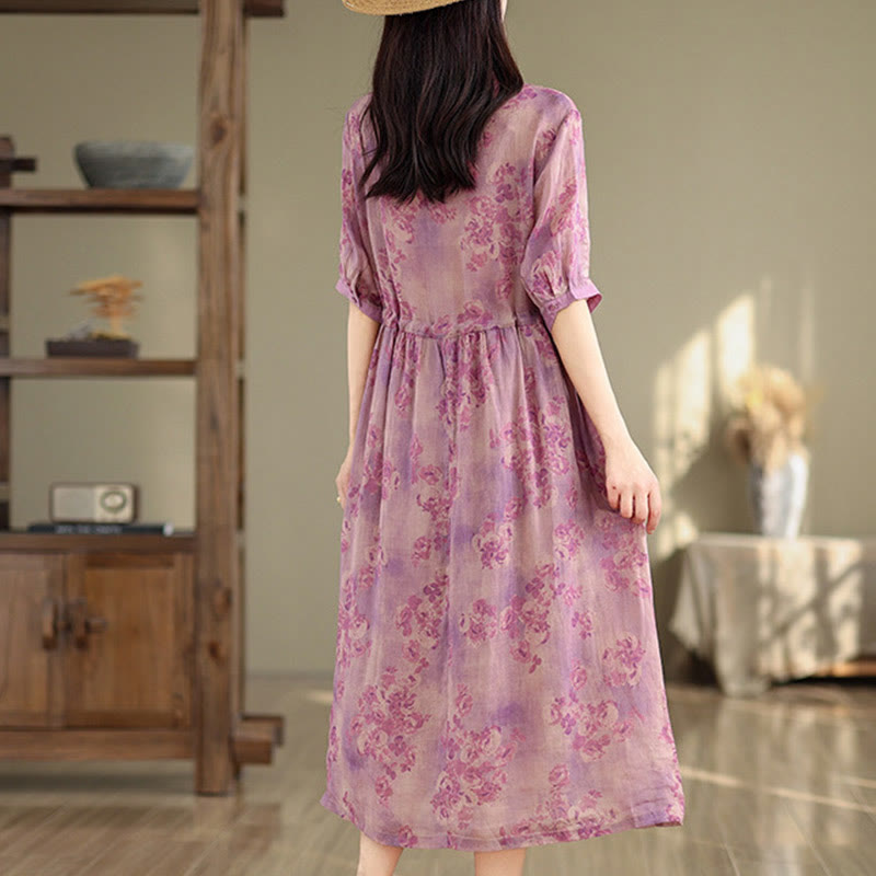 Abito midi in cotone con maniche corte, tasche e motivo floreale con coulisse, stampa retrò Buddha Stones - image 15