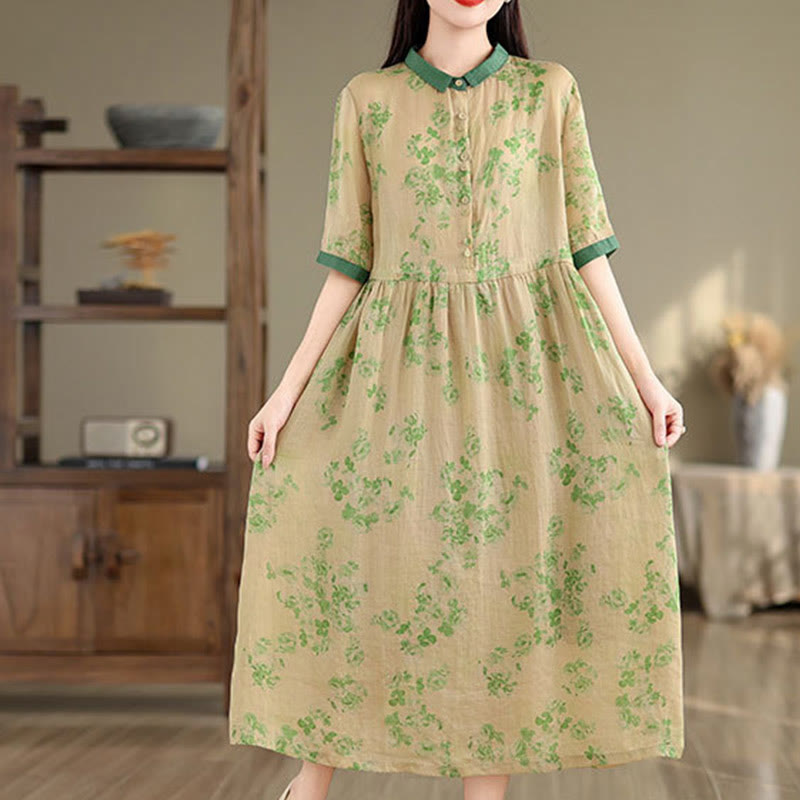 Abito midi in cotone con maniche corte, tasche e motivo floreale con coulisse, stampa retrò Buddha Stones - image 18