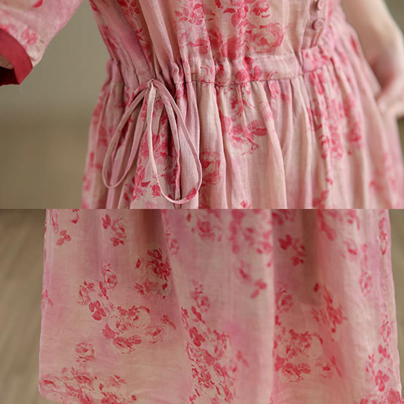 Abito midi in cotone con maniche corte, tasche e motivo floreale con coulisse, stampa retrò Buddha Stones - image 6