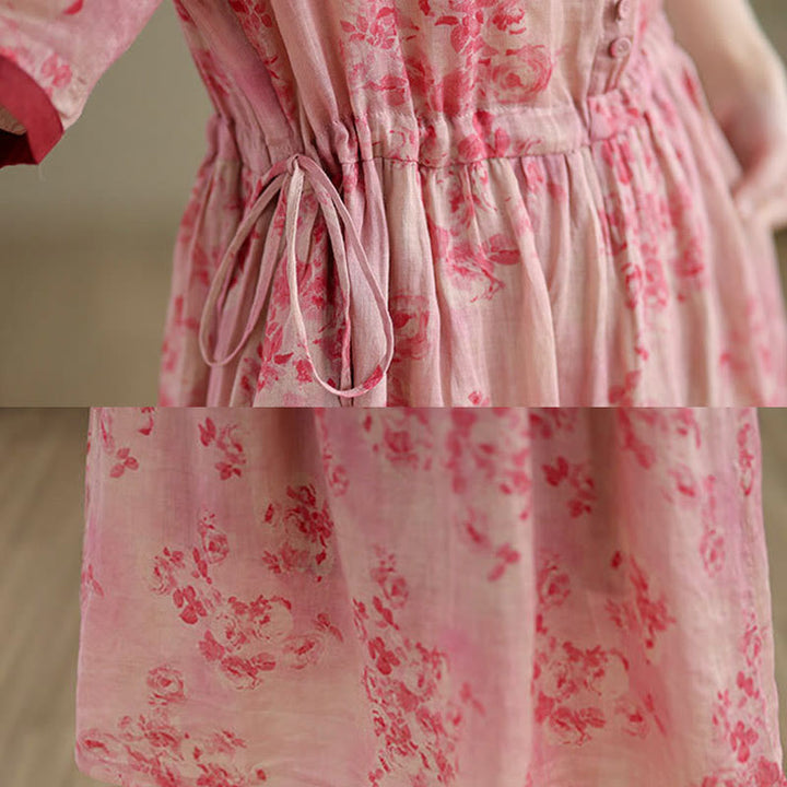 Abito midi in cotone con maniche corte, tasche e motivo floreale con coulisse, stampa retrò Buddha Stones - image 6