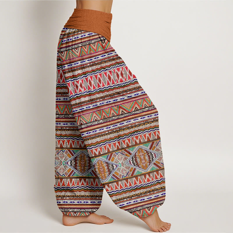 Pantaloni harem da donna con elastico in vita, stile tribale casual e motivo geometrico, motivo Buddha Stones - image 2