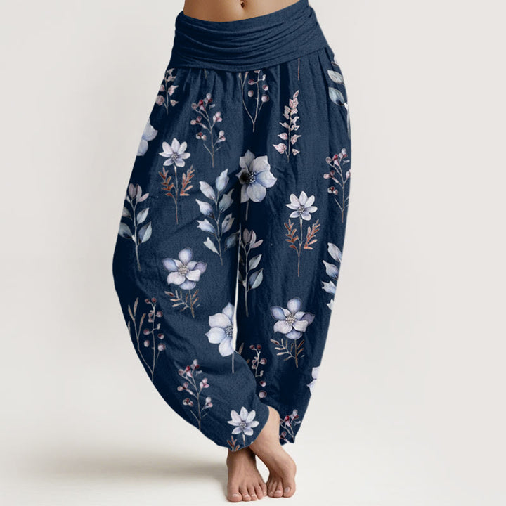 Pantaloni harem da donna con elastico in vita e motivo floreale delicato con Buddha Stones - Blu notte - US22, UK/AU26, EU54 (6XL) - image 5