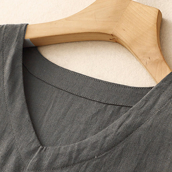 Abito midi in lino e cotone, casual, artistico, tinta unita, semplice, a vita alta, con tasche, a maniche corte, con Buddha Stones - image 9