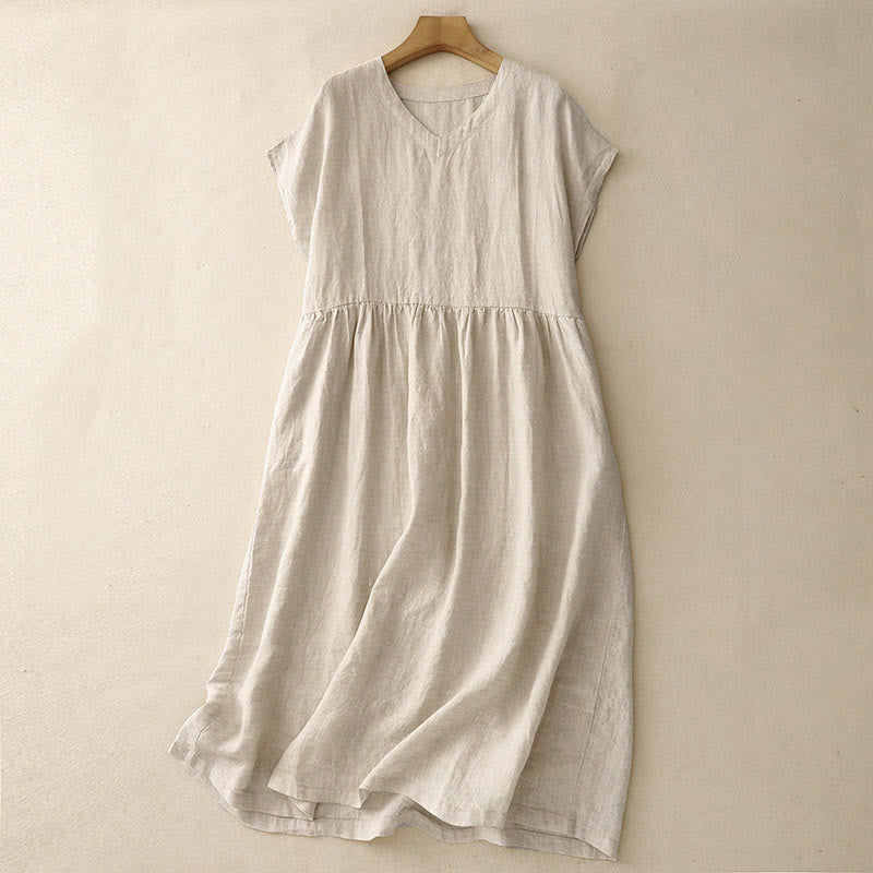 Abito midi in lino e cotone, casual, artistico, tinta unita, semplice, a vita alta, con tasche, a maniche corte, con Buddha Stones - Biancheria - US8-10, UK/AU12-14, EU40-42 (2XL) - image 1