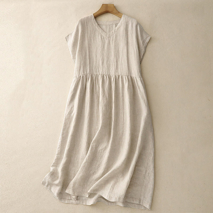 Abito midi in lino e cotone, casual, artistico, tinta unita, semplice, a vita alta, con tasche, a maniche corte, con Buddha Stones - Biancheria - US8-10, UK/AU12-14, EU40-42 (2XL) - image 1