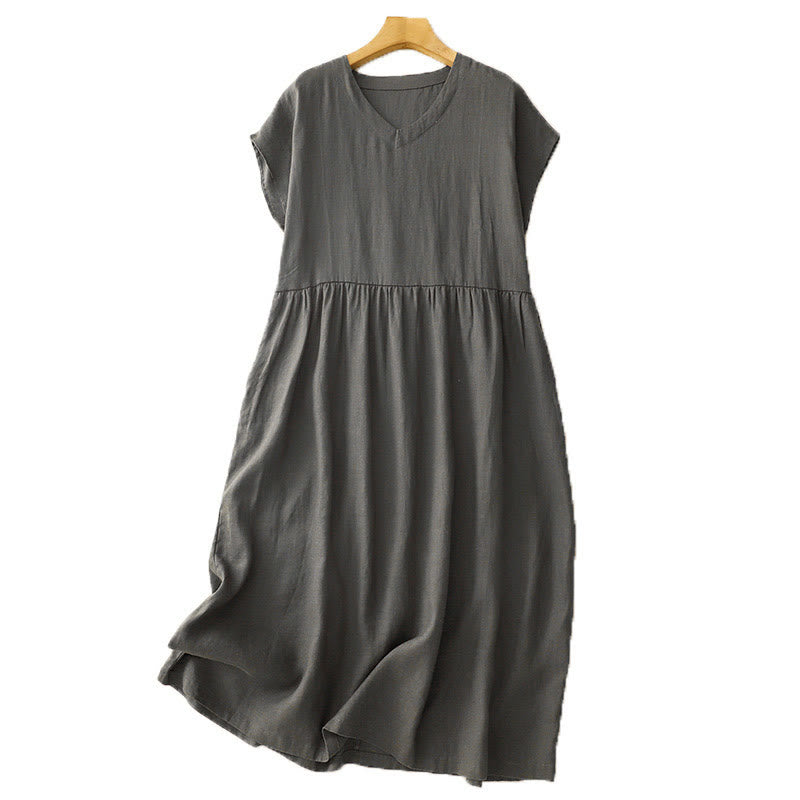 Abito midi in lino e cotone, casual, artistico, tinta unita, semplice, a vita alta, con tasche, a maniche corte, con Buddha Stones - image 13