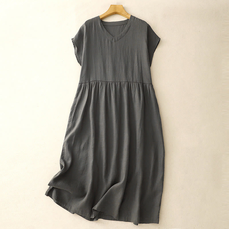 Abito midi in lino e cotone, casual, artistico, tinta unita, semplice, a vita alta, con tasche, a maniche corte, con Buddha Stones - Grigio ardesia - US8-10, UK/AU12-14, EU40-42 (2XL) - image 9