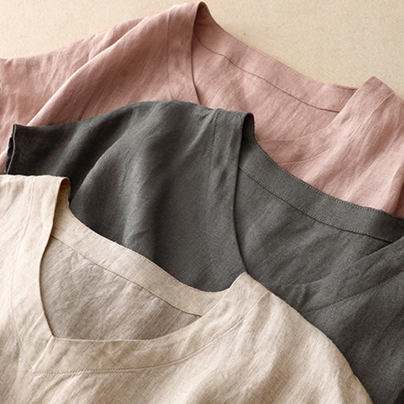 Abito midi in lino e cotone, casual, artistico, tinta unita, semplice, a vita alta, con tasche, a maniche corte, con Buddha Stones - image 20