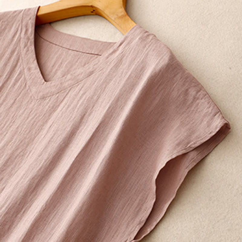 Abito midi in lino e cotone, casual, artistico, tinta unita, semplice, a vita alta, con tasche, a maniche corte, con Buddha Stones - image 16