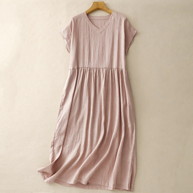 Abito midi in lino e cotone, casual, artistico, tinta unita, semplice, a vita alta, con tasche, a maniche corte, con Buddha Stones - Rosa - US8-10, UK/AU12-14, EU40-42 (2XL) - image 15