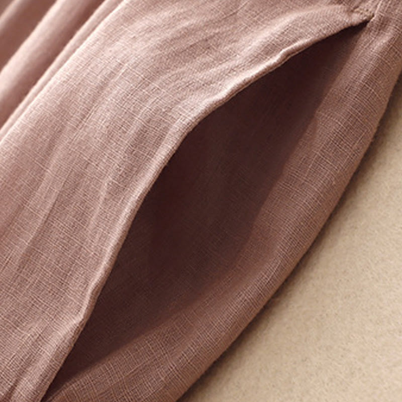 Abito midi in lino e cotone, casual, artistico, tinta unita, semplice, a vita alta, con tasche, a maniche corte, con Buddha Stones - image 18