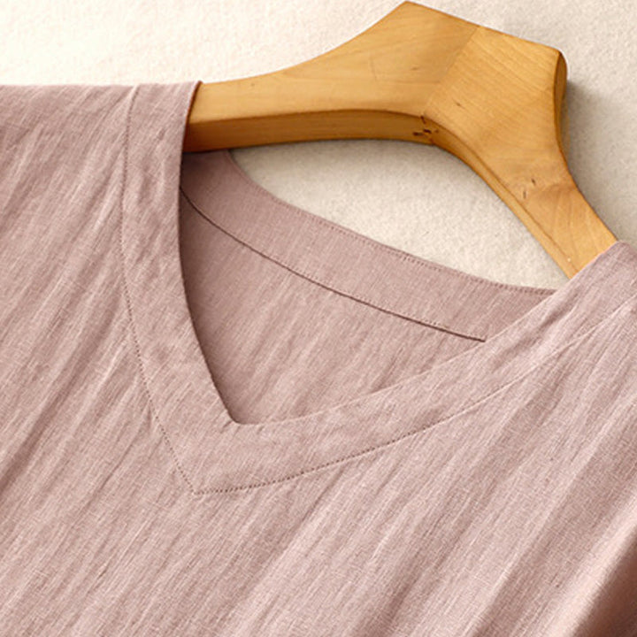 Abito midi in lino e cotone, casual, artistico, tinta unita, semplice, a vita alta, con tasche, a maniche corte, con Buddha Stones - image 15