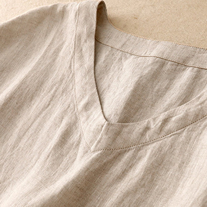 Abito midi in lino e cotone, casual, artistico, tinta unita, semplice, a vita alta, con tasche, a maniche corte, con Buddha Stones - image 2