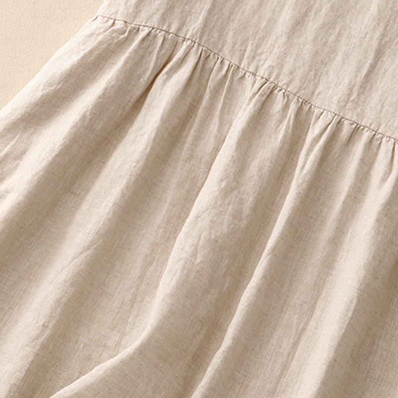 Abito midi in lino e cotone, casual, artistico, tinta unita, semplice, a vita alta, con tasche, a maniche corte, con Buddha Stones - image 4