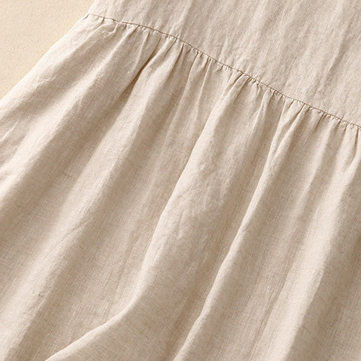 Abito midi in lino e cotone, casual, artistico, tinta unita, semplice, a vita alta, con tasche, a maniche corte, con Buddha Stones - image 4