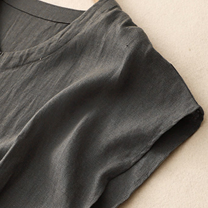 Abito midi in lino e cotone, casual, artistico, tinta unita, semplice, a vita alta, con tasche, a maniche corte, con Buddha Stones - image 10