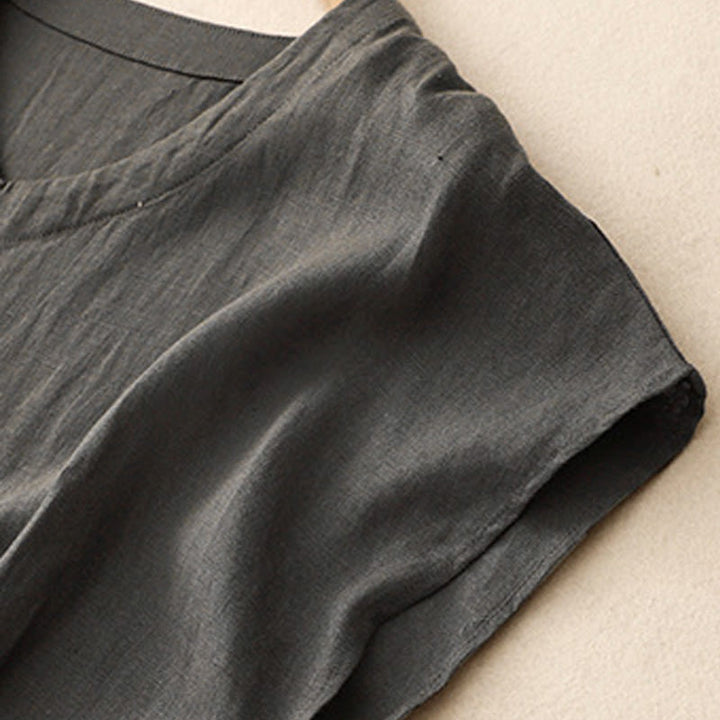 Abito midi in lino e cotone, casual, artistico, tinta unita, semplice, a vita alta, con tasche, a maniche corte, con Buddha Stones - image 10