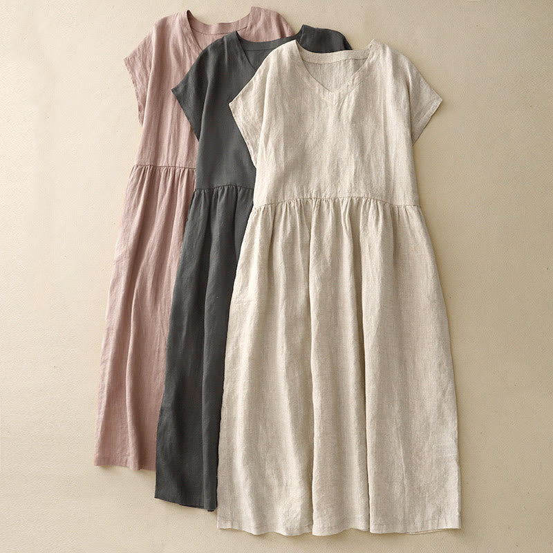 Abito midi in lino e cotone, casual, artistico, tinta unita, semplice, a vita alta, con tasche, a maniche corte, con Buddha Stones - image 19