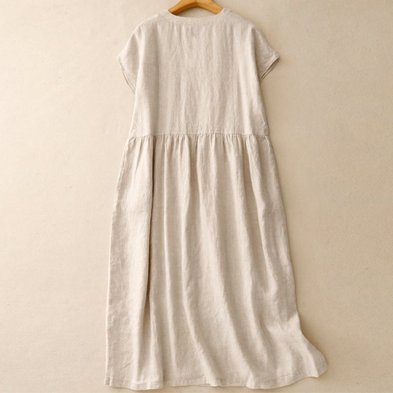 Abito midi in lino e cotone, casual, artistico, tinta unita, semplice, a vita alta, con tasche, a maniche corte, con Buddha Stones - image 1