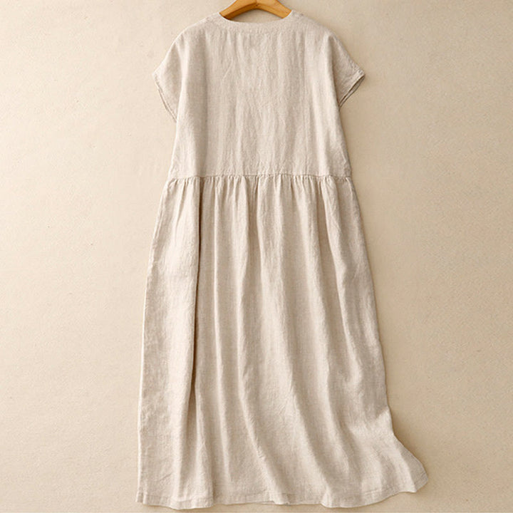 Abito midi in lino e cotone, casual, artistico, tinta unita, semplice, a vita alta, con tasche, a maniche corte, con Buddha Stones - image 1