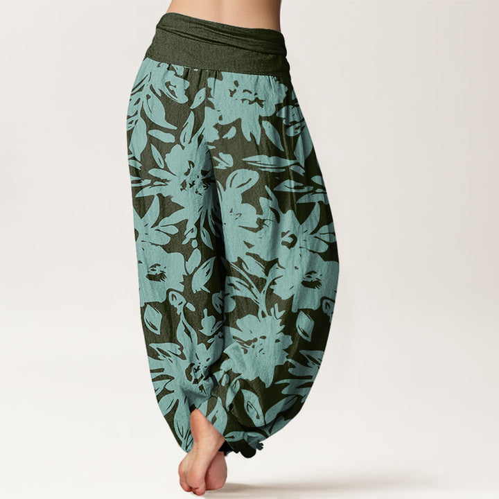 Pantaloni harem da donna con elastico in vita, modello casual con grandi fiori e fogliame lussureggiante, motivo Buddha Stones - image 7