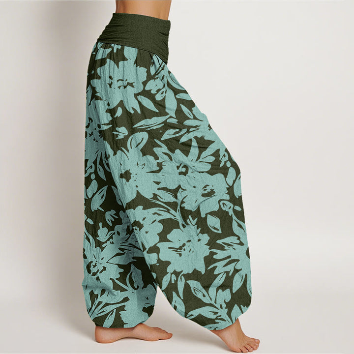 Pantaloni harem da donna con elastico in vita, modello casual con grandi fiori e fogliame lussureggiante, motivo Buddha Stones - image 6