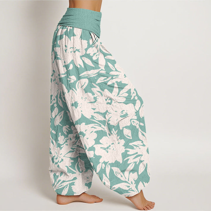 Pantaloni harem da donna con elastico in vita, modello casual con grandi fiori e fogliame lussureggiante, motivo Buddha Stones - image 9