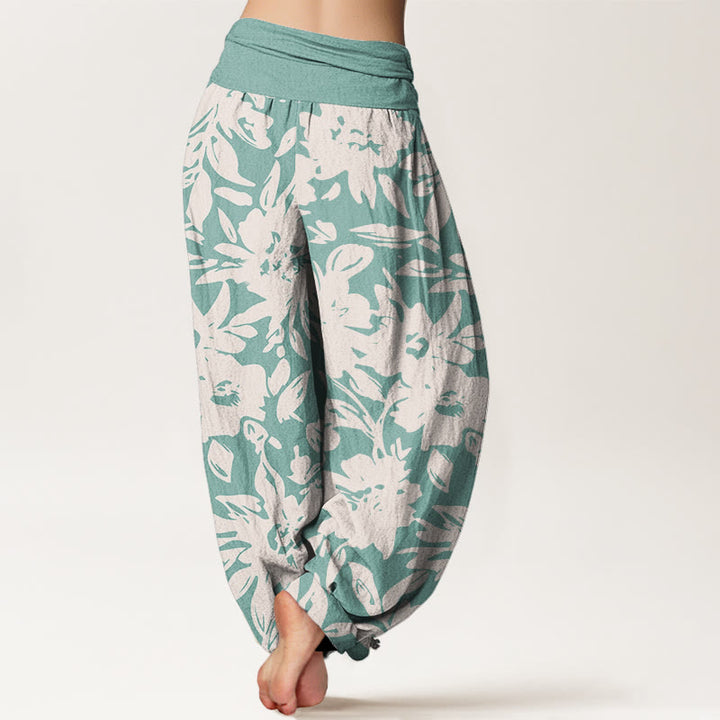 Pantaloni harem da donna con elastico in vita, modello casual con grandi fiori e fogliame lussureggiante, motivo Buddha Stones - image 10