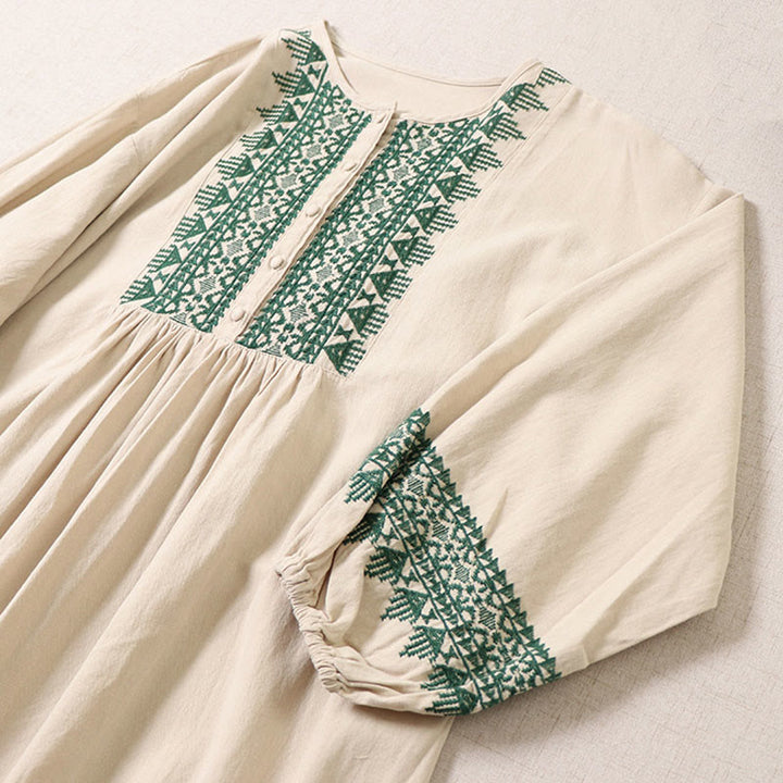 Abito midi in lino e cotone con maniche lunghe a lanterna, casual, artistico, con ricamo geometrico e bottoni sul davanti, Buddha Stones - image 10