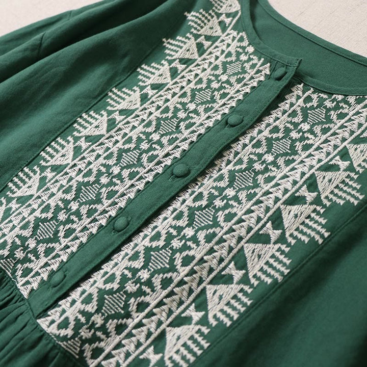 Abito midi in lino e cotone con maniche lunghe a lanterna, casual, artistico, con ricamo geometrico e bottoni sul davanti, Buddha Stones