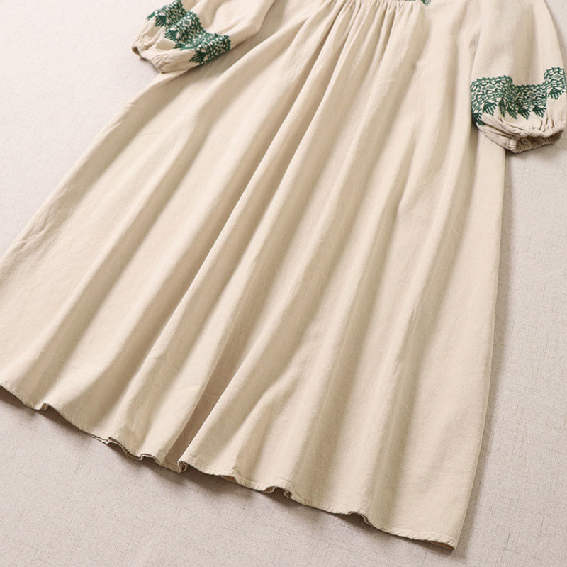 Abito midi in lino e cotone con maniche lunghe a lanterna, casual, artistico, con ricamo geometrico e bottoni sul davanti, Buddha Stones - image 13