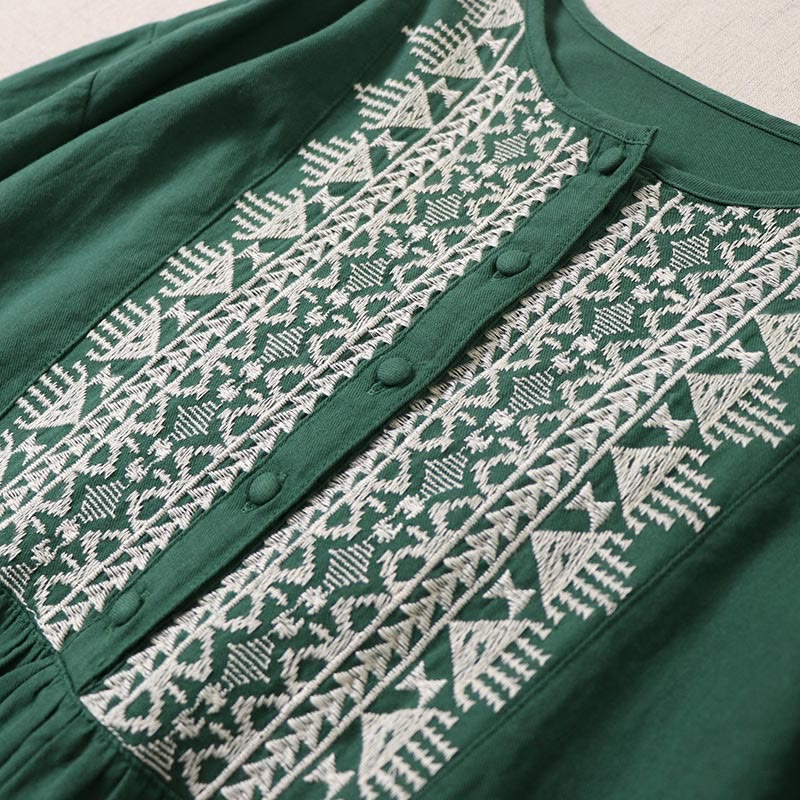 Abito midi in lino e cotone con maniche lunghe a lanterna, casual, artistico, con ricamo geometrico e bottoni sul davanti, Buddha Stones - image 2