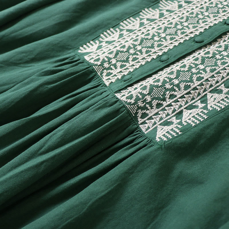 Abito midi in lino e cotone con maniche lunghe a lanterna, casual, artistico, con ricamo geometrico e bottoni sul davanti, Buddha Stones - image 4