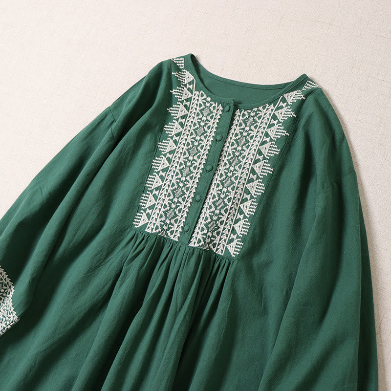 Abito midi in lino e cotone con maniche lunghe a lanterna, casual, artistico, con ricamo geometrico e bottoni sul davanti, Buddha Stones - image 1