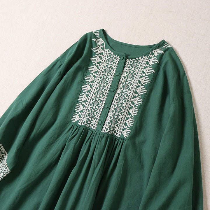 Abito midi in lino e cotone con maniche lunghe a lanterna, casual, artistico, con ricamo geometrico e bottoni sul davanti, Buddha Stones - image 1