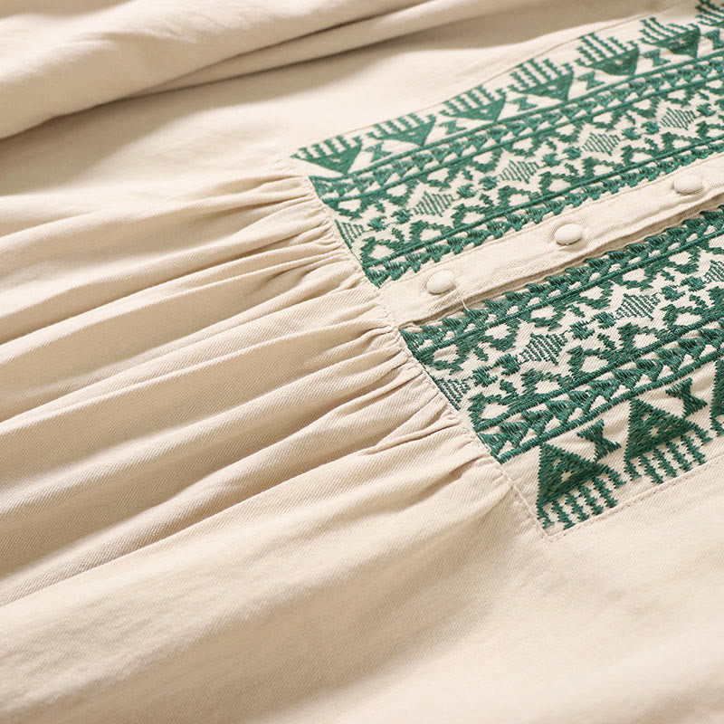 Abito midi in lino e cotone con maniche lunghe a lanterna, casual, artistico, con ricamo geometrico e bottoni sul davanti, Buddha Stones - image 16