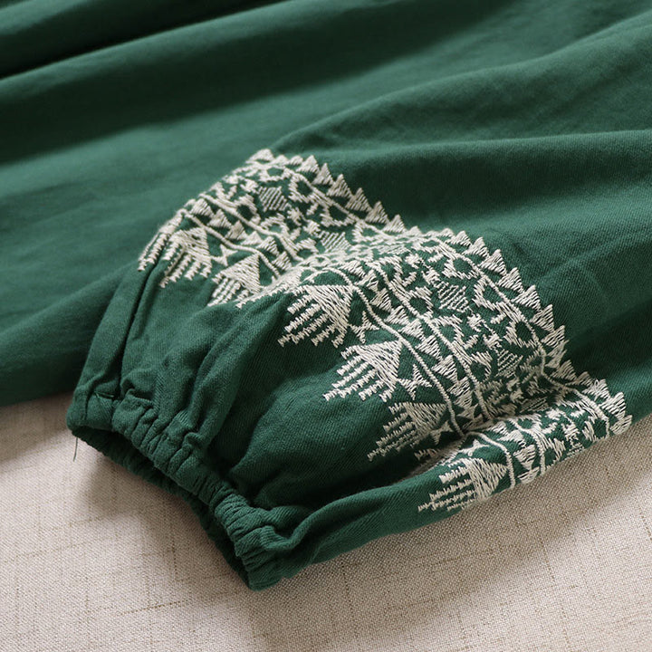 Abito midi in lino e cotone con maniche lunghe a lanterna, casual, artistico, con ricamo geometrico e bottoni sul davanti, Buddha Stones - image 5