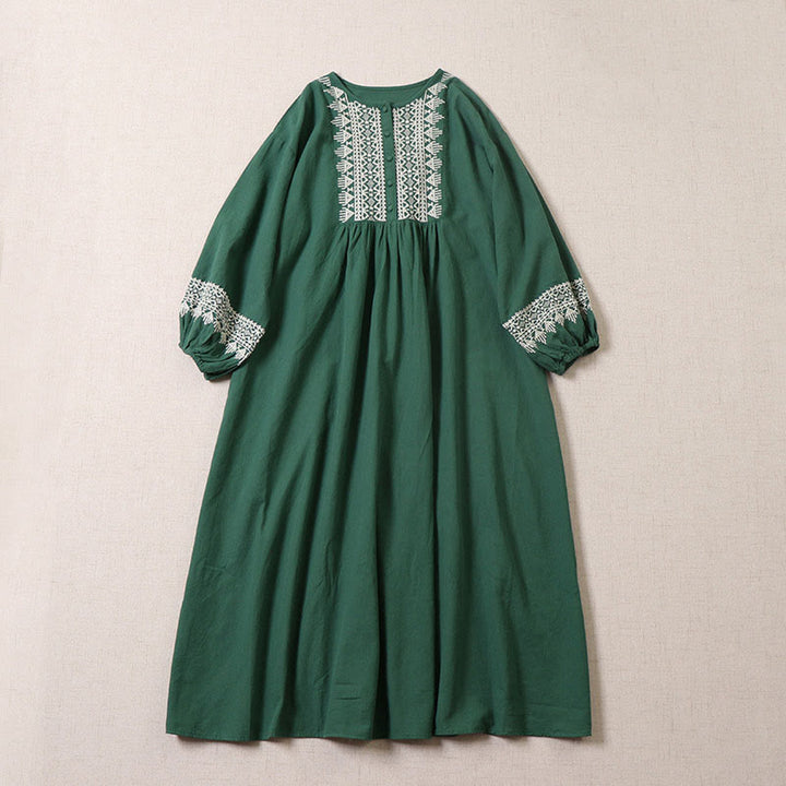 Abito midi lungo con maniche a lanterna, ricamo geometrico artistico e casual Buddha Stones, abbottonatura frontale e design a tema artistico Buddha Stones. - Verde mare - US8-10, UK/AU12-14, EU40-42 (2XL) - image 0