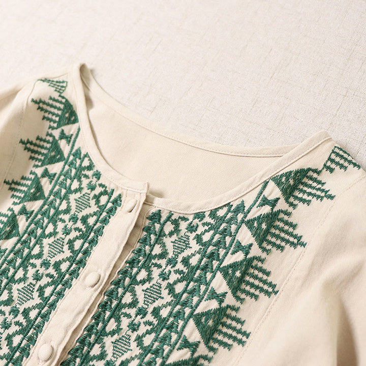 Abito midi in lino e cotone con maniche lunghe a lanterna, casual, artistico, con ricamo geometrico e bottoni sul davanti, Buddha Stones - image 14