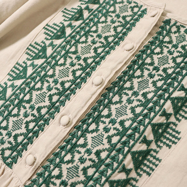 Abito midi in lino e cotone con maniche lunghe a lanterna, casual, artistico, con ricamo geometrico e bottoni sul davanti, Buddha Stones