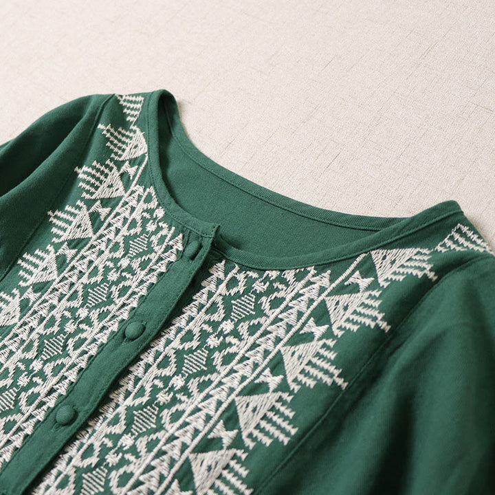 Abito midi in lino e cotone con maniche lunghe a lanterna, casual, artistico, con ricamo geometrico e bottoni sul davanti, Buddha Stones - image 3