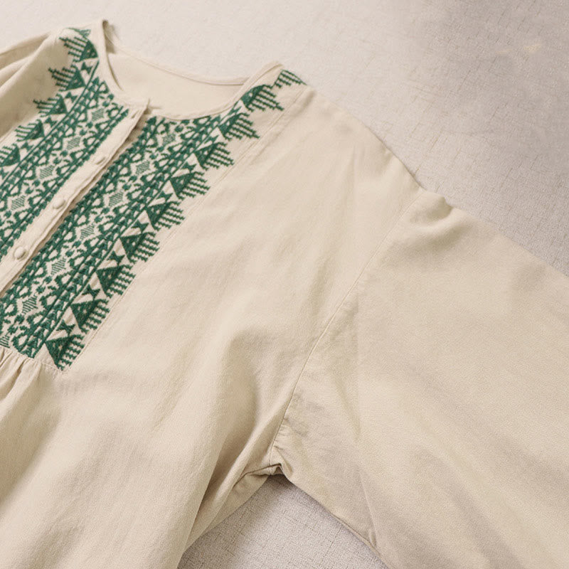 Abito midi in lino e cotone con maniche lunghe a lanterna, casual, artistico, con ricamo geometrico e bottoni sul davanti, Buddha Stones - image 11