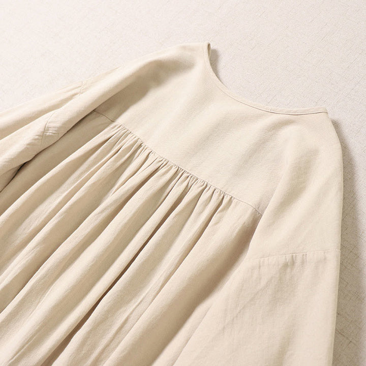 Abito midi in lino e cotone con maniche lunghe a lanterna, casual, artistico, con ricamo geometrico e bottoni sul davanti, Buddha Stones - image 12