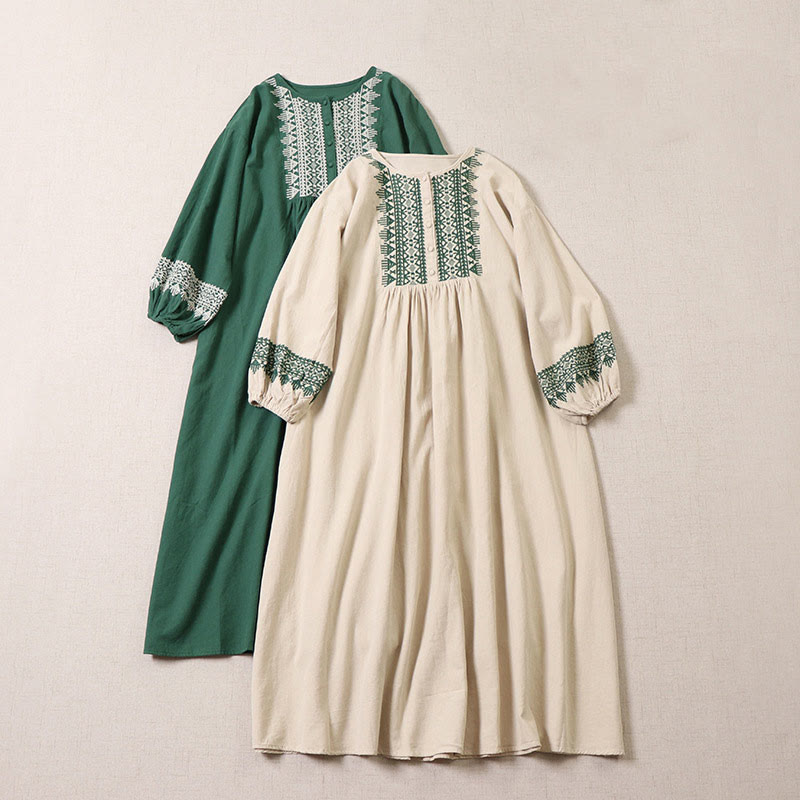 Abito midi in lino e cotone con maniche lunghe a lanterna, casual, artistico, con ricamo geometrico e bottoni sul davanti, Buddha Stones - image 19