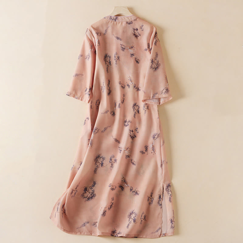 Abito midi cheongsam in cotone con maniche corte, tasche, stampa floreale vintage estiva con bottoni obliqui e colletto rialzato, Buddha Stones - image 1