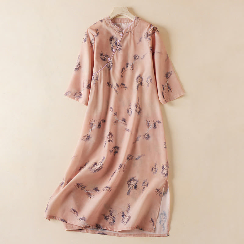 Abito midi cheongsam in cotone con maniche corte, tasche, stampa floreale vintage estiva con bottoni obliqui e colletto rialzato, Buddha Stones - Salmone Scuro - US12, UK/AU16, EU44 (3XL) - image 0