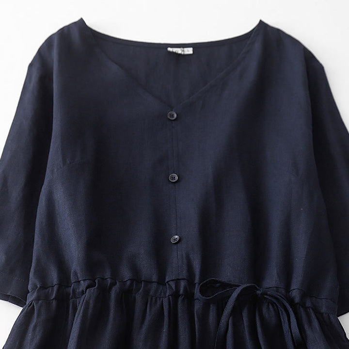 Abito midi in lino e cotone con maniche corte, stile vintage casual, tinta unita, con coulisse e tasche, motivo Buddha Stones - image 11